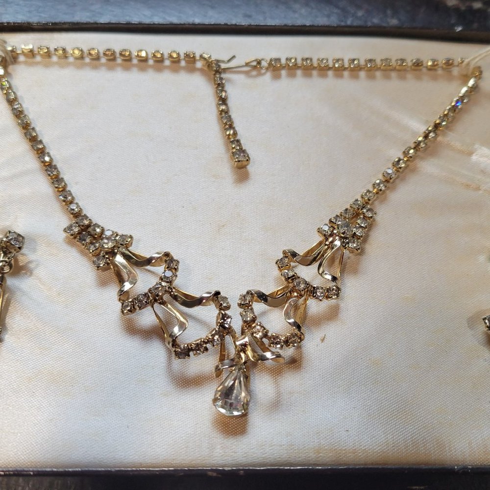 1940s Necklace Earrings Gold Metal Rhinestones